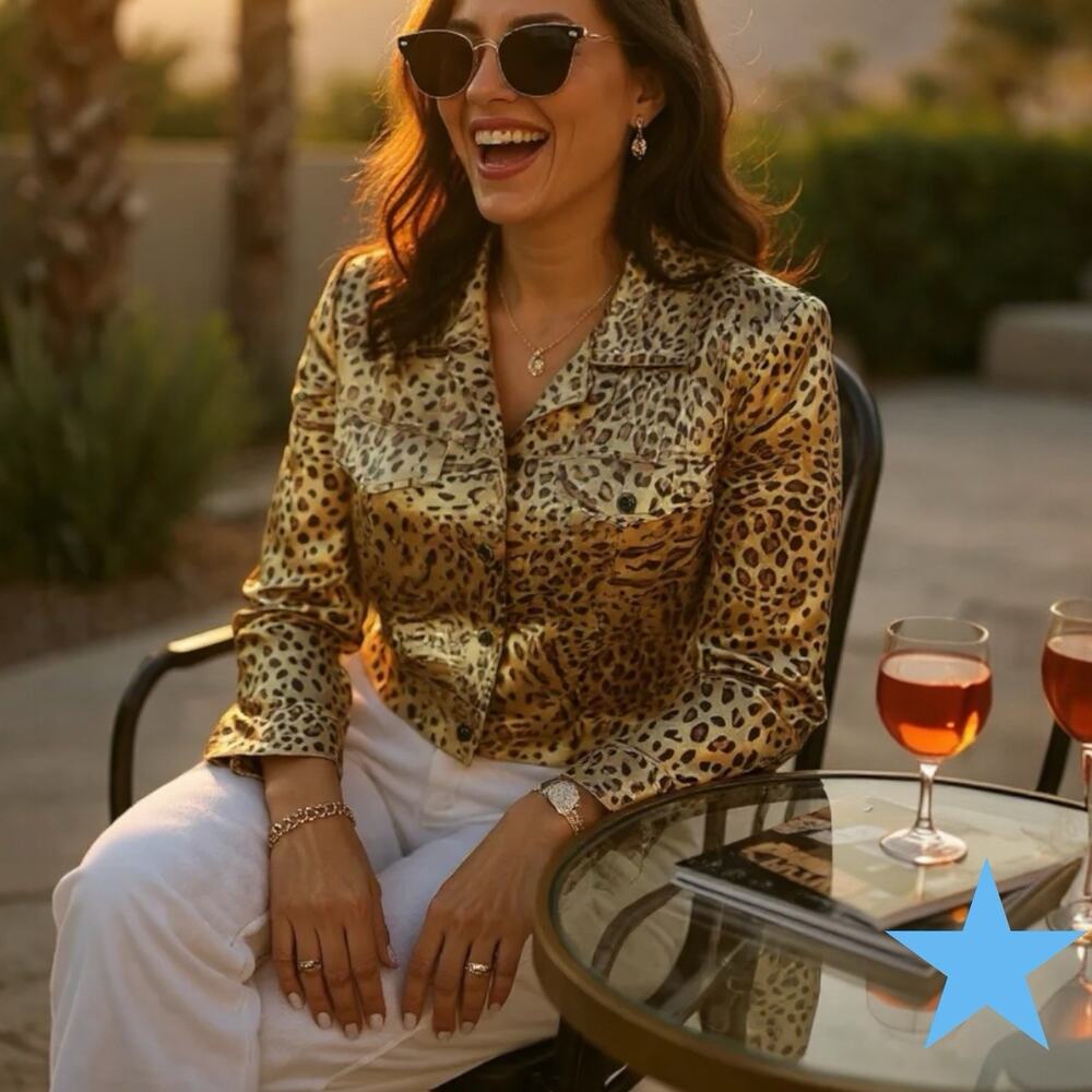 Vtg SILK 90s Y2K Maggie London Leopard Crop Jacket Top Brown Black Womens 4 S 2